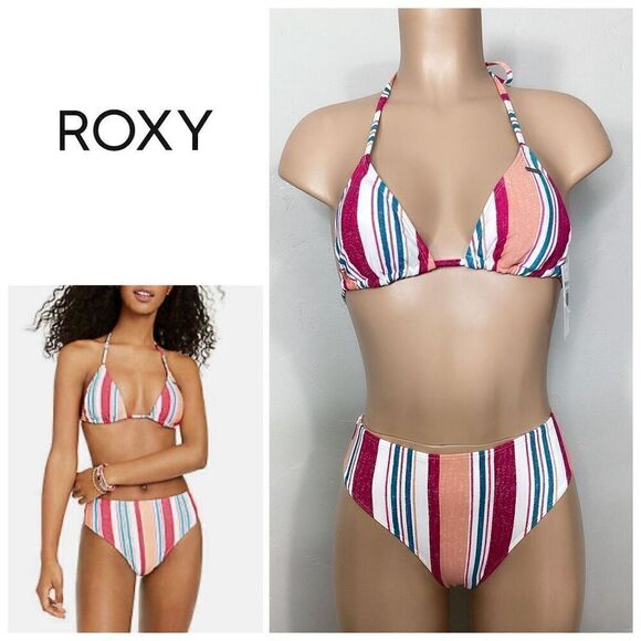 New. ROXY stripe bikini set. M-top/S-bottom.  . Retails $119 - Picture 1 of 9